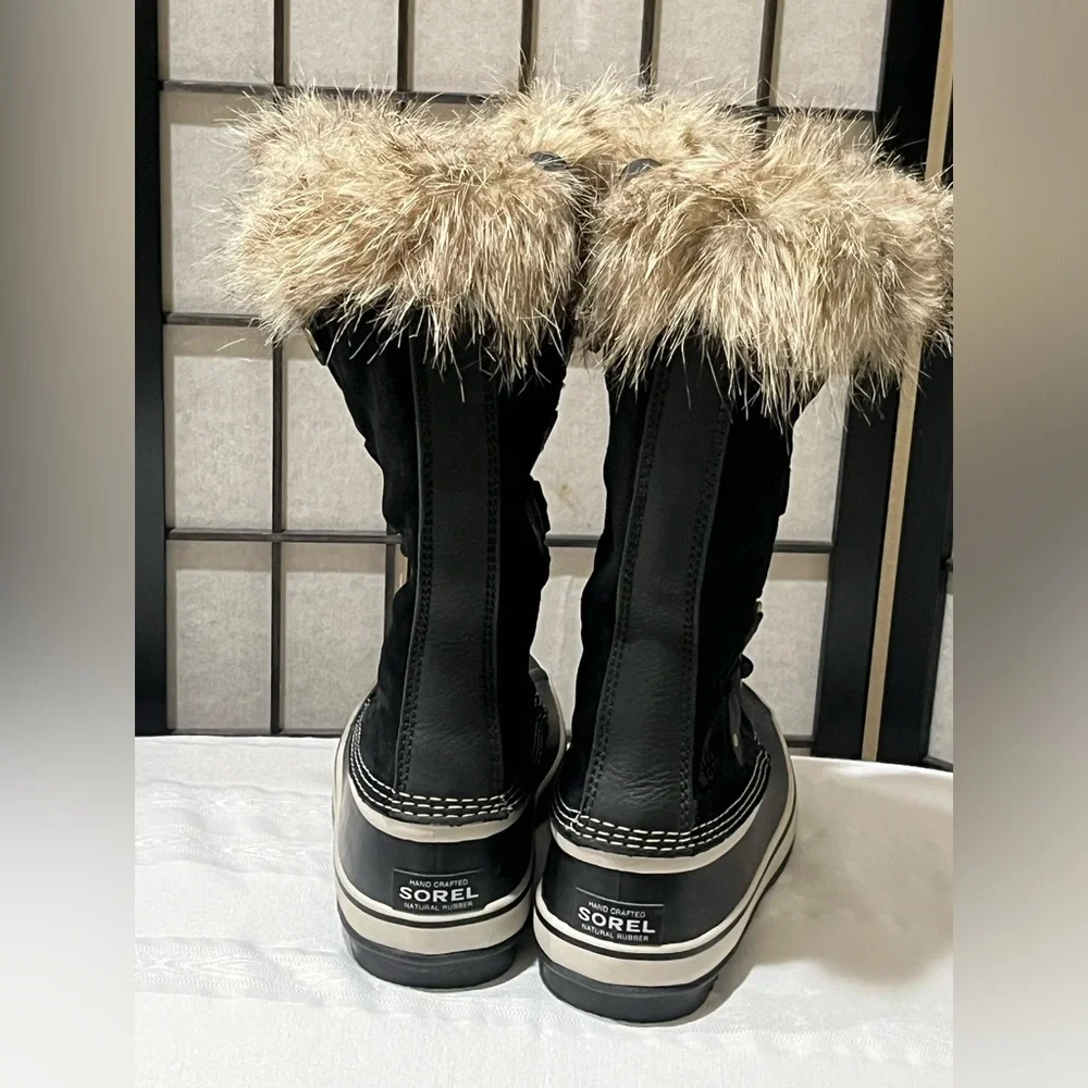 SOREL JOAN OF ARTIC Black Faux Fur-Trim Winter Lace-Up WATERPROOF Boots WM 7.5”